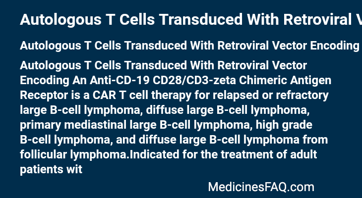 Autologous T Cells Transduced With Retroviral Vector Encoding An Anti-CD-19 CD28/CD3-zeta Chimeric Antigen Receptor