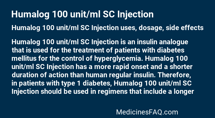 Humalog 100 unit/ml SC Injection