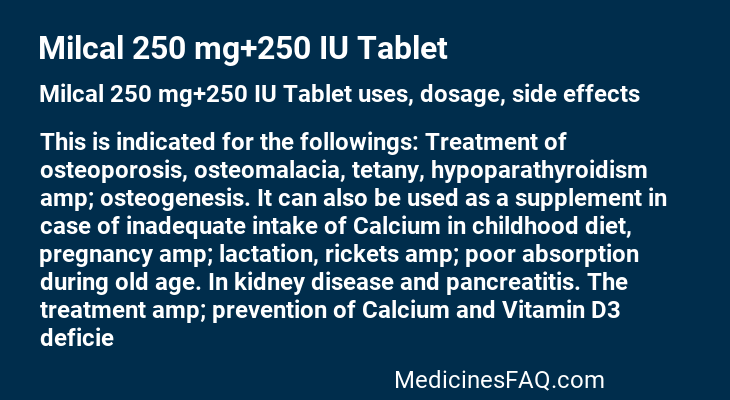 Milcal 250 mg+250 IU Tablet